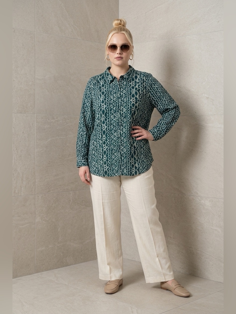 Roaman's 5x plus-size button-up long-sleeve shirt. IKat Print Green White